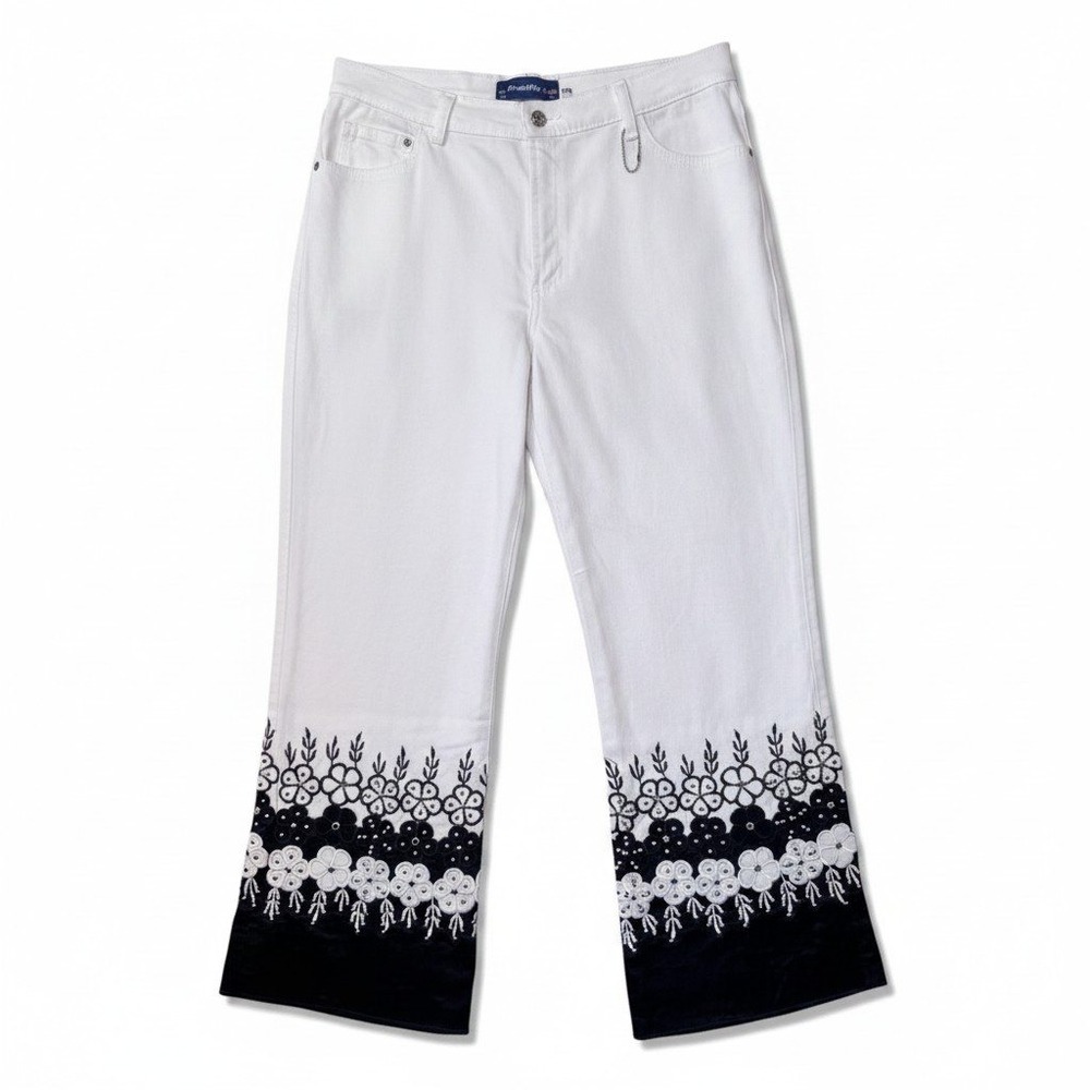 BrazilRoxx White Embroidered Studded‎ Wide Leg Jeans Floral Hem 10